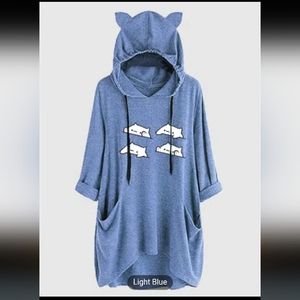 Women's hoodie shirt ear hat mid-length blouse mid-sleeve top oversize sweatshir